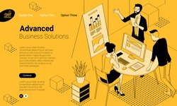 Black and yellow flat design isometric vector illustration of business communication in modern office. Trendy color template for teamwork and workflow for presentation, website and app design.