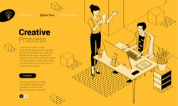 Black and yellow flat design isometric vector illustration of business communication in modern office. Trendy color template for teamwork and workflow for presentation, website and app design.
