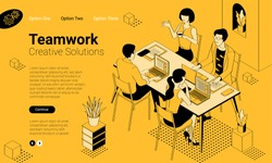Black and yellow flat design isometric vector illustration of business communication in modern office. Trendy color template for teamwork and workflow for presentation, website and app design.