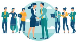 Business people shake hands after negotiation, came to agreement and completed the deal with a handshake. Flat design vector concept for web site and application design and presentation.