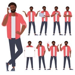 Set of flat design young black afro american man characters, various poses and gestures and everyday activities. Learning, chatting, phonning, working.