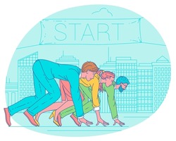 Office workers or managers ready to run on start line. Business competition or career rivalry. Flat vector illustration concept.