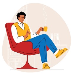 Coffee break. Businessman sitting on the couch and resting with a mug of coffee. Flat design vector character.
