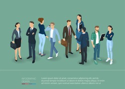 Isometric people crowd with speech bubbles. Man and woman, various characters, poses and professions, front and back view. Isometric vector presentation and banner template.