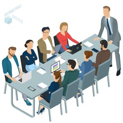 Isometric 3d flat design vector  office. Corporate briefing  teamwork brainstorming. Diverse characters and professions. Isometric acting man and woman  teamwork, front and back view collection