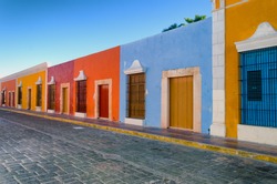 Bright colors in colonial houses in downtown Campeche, Mexico.