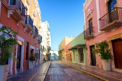 View of a historic colonial street in Campeche, Mexico