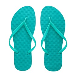 Turquoise rubber flip-flops isolated over white background, pair of thongs, shot above.