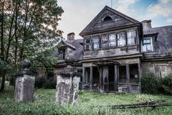 Deteriorated abandoned haunted old house. Dobele, Latvia