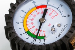 A compressor pressure gauge on a white background