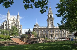 The Octagon, center of Dunedin, New Zealand, with St. Paul's Cathedral to the left and Municipal Chambers more to the right