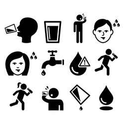Thirsty man, dry mouth, thirst, people drinking water icons set 