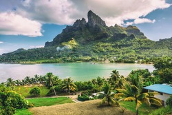 Bora Bora and Mount Otemanu nature landscape in Tahiti, French Polynesia with coral lagoon sea and Mt Pahia, Mt Otemanu, Tahiti, south Pacific Ocean