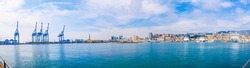Wide panoramic view of the city of Genoa skyline from the sea HDR