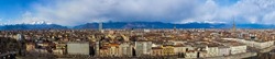 TURIN, ITALY - CIRCA FEBRUARY 2020: Wide panoramic aerial view of the city of Turin seen from the hill HDR