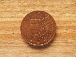 five cents coin, French side showing portrait of Marianne personification of French Republic, currency of France, European Union