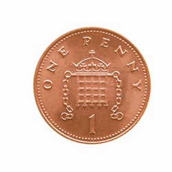  One Penny coin isolated over a white background vintage