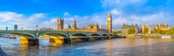 High dynamic range HDR Westminster Bridge panorama with the Houses of Parliament and Big Ben in London UK