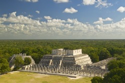 A panoramic view of the Temple of the Warriors out of jungle at Chichen-Itza. A Mayan ruin, in the Yucatan Peninsula, Mexico