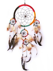 A red,green and black dream catcher isolated in white.