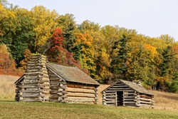 Reproductions of cabins used by Revolutionary War soldiers during the winter of 1777-78 under the command of George Washington. Located in Valley Forge National Historic Park, Pennsylvania, USA.