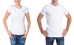 T-shirt design, people concept - closeup of young woman and man in blank white shirt, front isolated. Mock up template for design print.