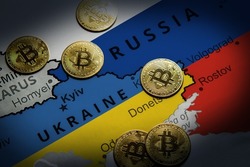 Cryptocurrency standing on the map of Russia and Ukraine. Concept of precaution against financial sanctions