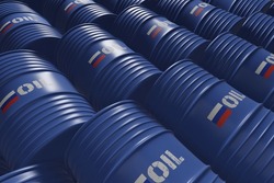 Blue metal oil barrels with Russia flag and oil written on it