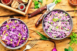 Vegetables salad with purple cabbage.Coleslaw in a bowl.Healthy eating