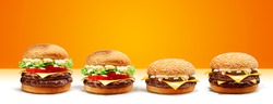 Delicious Double Cheese Beef Burger consists of Bun Bread, Patty, Pickle, Onion, Mayonaisse, Ketchup and Cheddar Cheese in a yellow background for Modern Fast Junk Food Restaurant