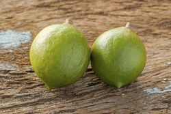 Two of macadamia in husk on wood background