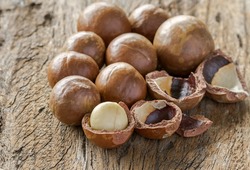 Group of macadamia in shell on wood background