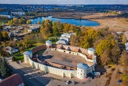 Aerial autumn view to Round Court (Round Yard) near Galitzine palace in Trostyanets, Sumy oblast, Ukraine