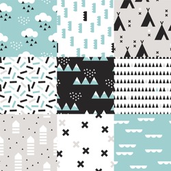 Seamless geometric woodland scandinavian abstract teepee tent plus sign cross confetti arrows and mountains illustration background set pattern in vector