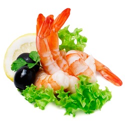 Green salad with shrimps and lemon isolated on white background for your design