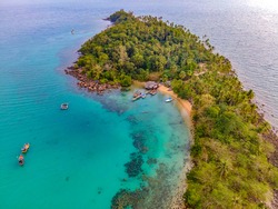 Aerial view of nature tropical paradise island beach enjoin a good summer beautiful time on the beach with clear water and blue sky in Koh kood or Ko Kut, Thailand.