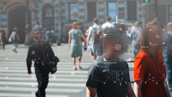 Face recognition and personal identification technologies in street surveillance cameras, law enforcement control. crowd of passers-by with graphic elements. Privacy and personal data protection,