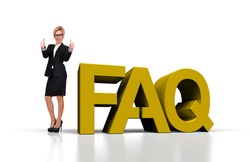 businesswoman showing thumb up and 3d render word FAQ