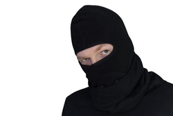 man in balaclava looks suspiciously close-up portrait isolated on a white background