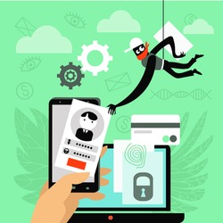 Vector illustration. The concept of protection and security. A hacker is trying to hack personal data on a smartphone.