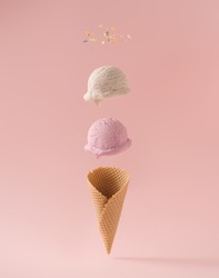 Infographic design of ice cream with colorful sprinkles. Minimal summer background. Food deconstructed food styling concept.