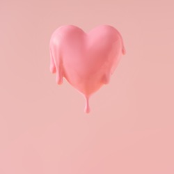 Melting pink heart on pastel colour background. Ceeative Love or valentines minimal concept.