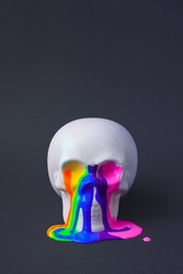 Skull with vivid paint. Spooky concept. Halloween or Santa Muerte concept. Retro future background.