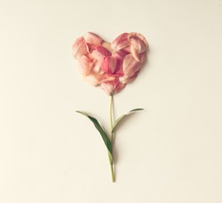 Flower in shape of a heart made of tulip petals. Love concept.