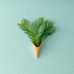 Palm tree leaves in ice cream cone on pastel blue background. Flat lay. Summer tropical concept.