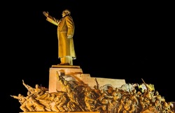 Mao Statue Heroes Zhongshan Square Shenyang Liaoning Province China Night Lights Built in 1969 During Cultural Revolution.  