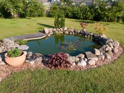Beautiful classical garden fish pond surrounded by grass