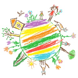 Earth day eco friendly concept. Like child`s hand drawn doodle colorful vector art. World ecology globe planet. Save nature. Crayon, pencil, chalk stroke art. Green day. Home, tree, kid, animal around