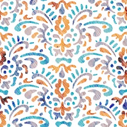 Embroidered seamless pattern. Bohemian wavy print. Watercolor texture on a white background. Vector illustration.