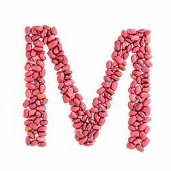 Capital letter M from red kidney beans. Beans font. White background. Bright font for menu or food blog. Lettering design element. Initial cap